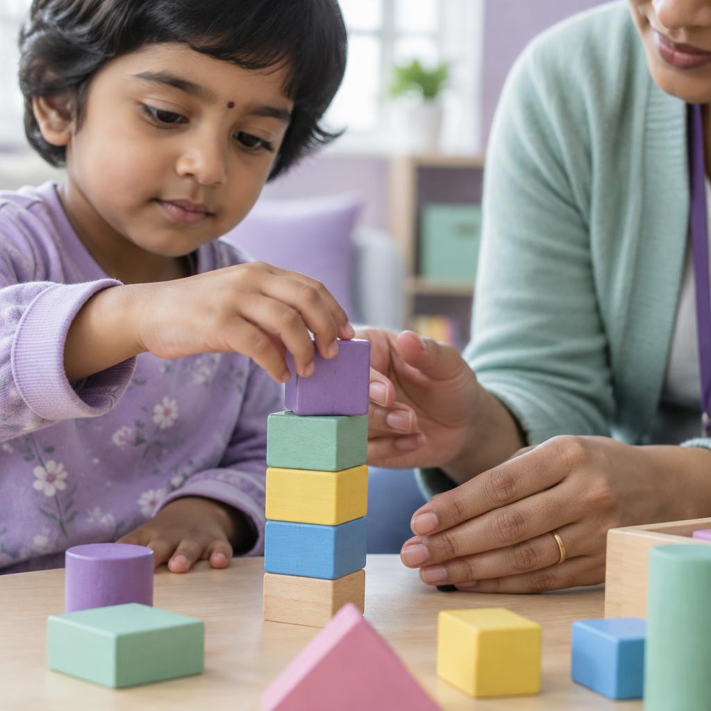 An adult's hands gently guiding a child stacking wooden blocks