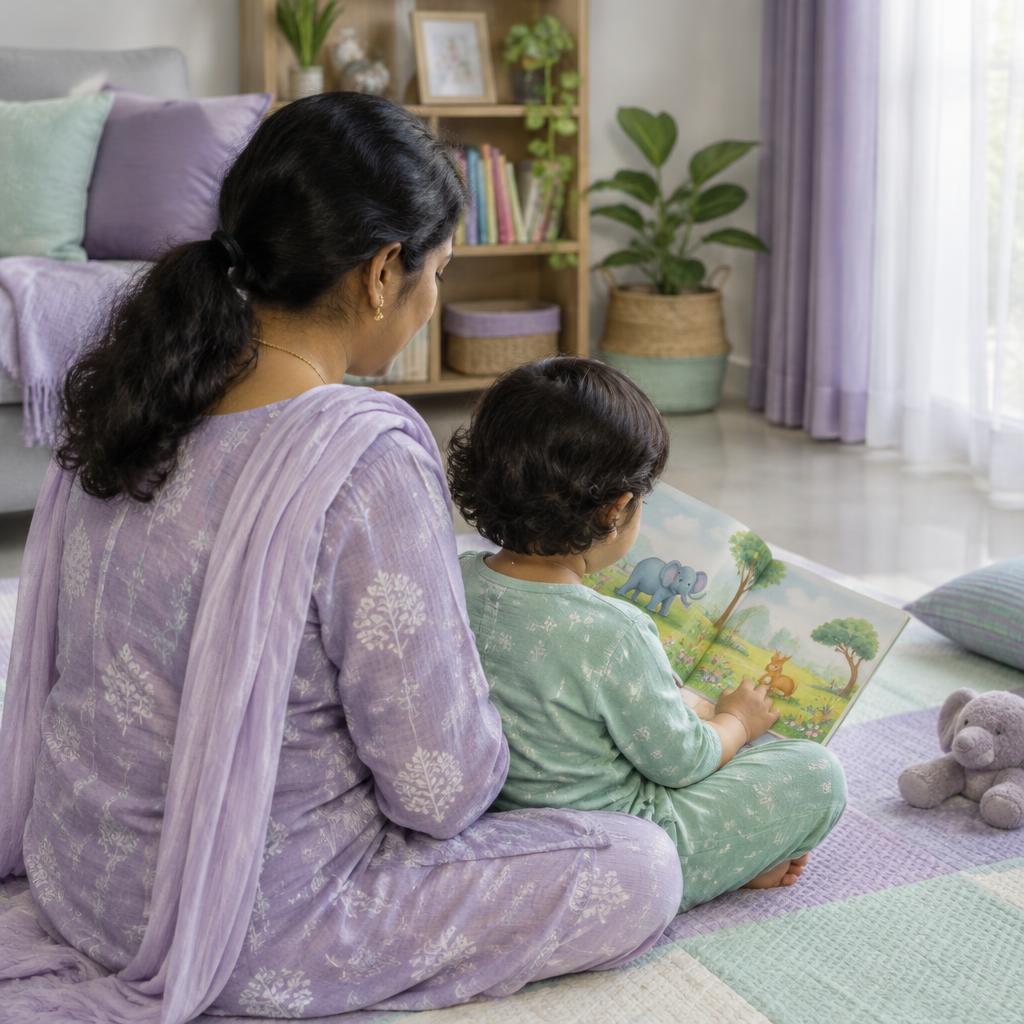 A mother and young child reading a picture book together on a soft mat