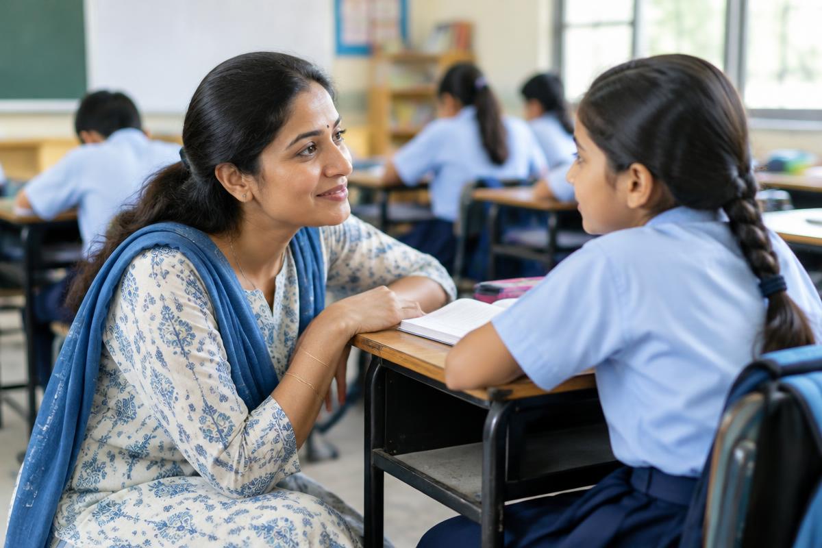 Indian teacher speaking gently with a student